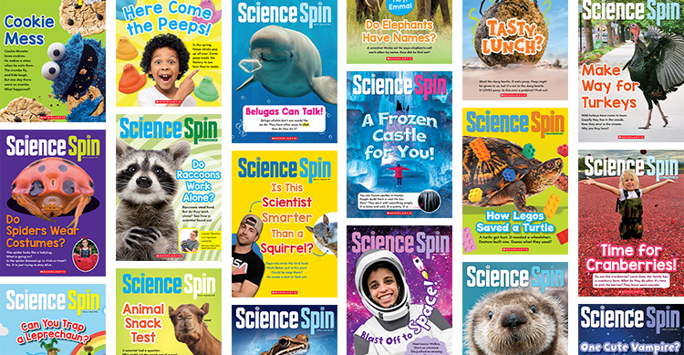 Collage of Science Spin magazine covers featuring animals, science topics, and children