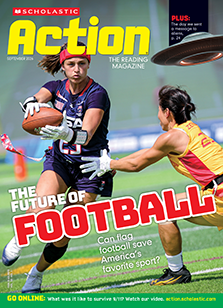 Cover of Scholastic Action magazine, two players compete in a flag football game