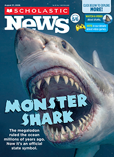 Cover of Scholastic News, a large shark with open jaws and the headline Monster Shark